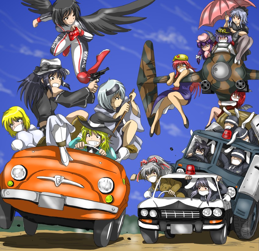 1970s_(style) 3boys 6+girls aircraft airplane alice_margatroid animal_ears arsene_lupin_iii arsene_lupin_iii_(cosplay) black_wings blonde_hair camera car castle_of_cagliostro cosplay driving fiat flying fujiwara_no_mokou gagged green_jacket grin gun hakurei_reimu handgun highres hong_meiling inaba_tewi ishikawa_goemon_xiii ishikawa_goemon_xiii_(cosplay) izayoi_sakuya jacket japan_national_police jigen_daisuke jigen_daisuke_(cosplay) junkei katana kirisame_marisa koakuma konpaku_youmu left-hand_drive lupin_iii motor_vehicle multiple_boys multiple_girls necktie oldschool parody patchouli_knowledge police police_car rabbit_ears reisen_udongein_inaba remilia_scarlet retro_artstyle revolver s.w.a.t. shameimaru_aya sheath smile sword touhou truck umbrella unsheathing vehicle_focus weapon white_necktie wings zenigata_kouichi zenigata_kouichi_(cosplay)