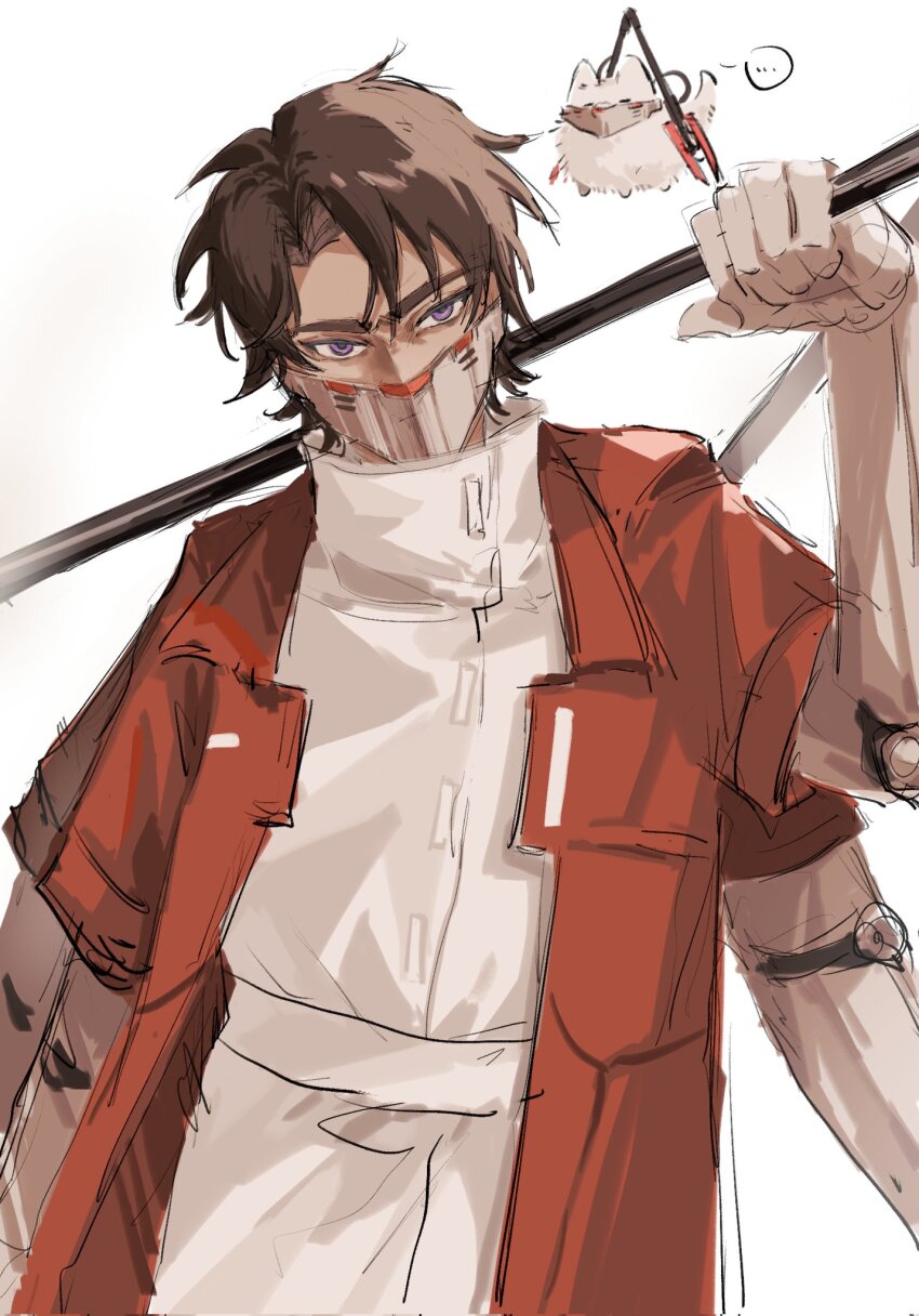 1boy belt brown_hair cowboy_shot dress extra_arms heathcliff_(project_moon) highres holding holding_polearm holding_weapon jacket limbus_company ling_zhiyun looking_at_viewer mask mechanical_arms multicrack_office_(identity)_(project_moon) parted_bangs polearm project_moon purple_eyes red_jacket short_sleeves solo weapon white_dress
