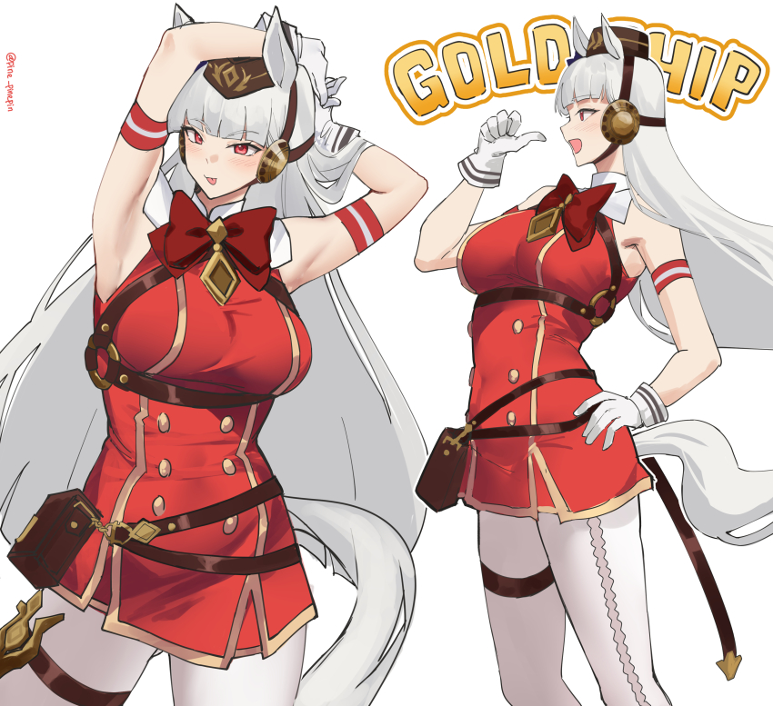 1girl absurdres animal_ears armband armpits arms_behind_head arms_up blunt_bangs bow bowtie breasts brown_hat character_name commentary dress ear_covers from_side gold_ship_(umamusume) hand_on_own_hip hat highres horse_ears horse_girl horse_tail large_breasts long_hair looking_ahead looking_at_viewer multiple_views open_mouth pants pillbox_hat pinepin pointing pointing_at_self red_armband red_bow red_bowtie red_dress red_eyes simple_background sleeveless sleeveless_dress smile stretching tail thighs thumbs_up tongue tongue_out umamusume white_background white_hair white_pants