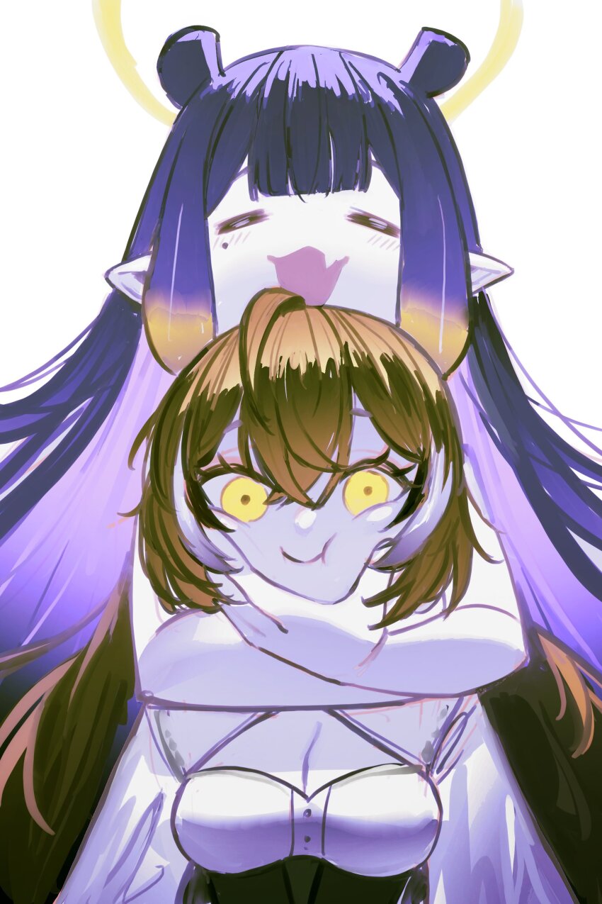 2girls =_= absurdres ahoge arm_around_neck blunt_bangs breasts brown_hair cheek_squash cleavage_cutout clothing_cutout colored_inner_hair corset eyelashes fang gradient_hair halo hand_on_another&#039;s_face highres hololive hololive_english hug long_hair looking_at_viewer mole mole_under_eye multicolored_hair multiple_girls nanashi_mumei nanashi_mumei_(1st_costume) ninomae_ina&#039;nis open_mouth orange_hair pointy_ears pungson_mori purple_hair raised_eyebrows shirt sidelocks squishing streaked_hair tentacle_hair underbust very_long_hair virtual_youtuber white_background white_shirt yellow_eyes
