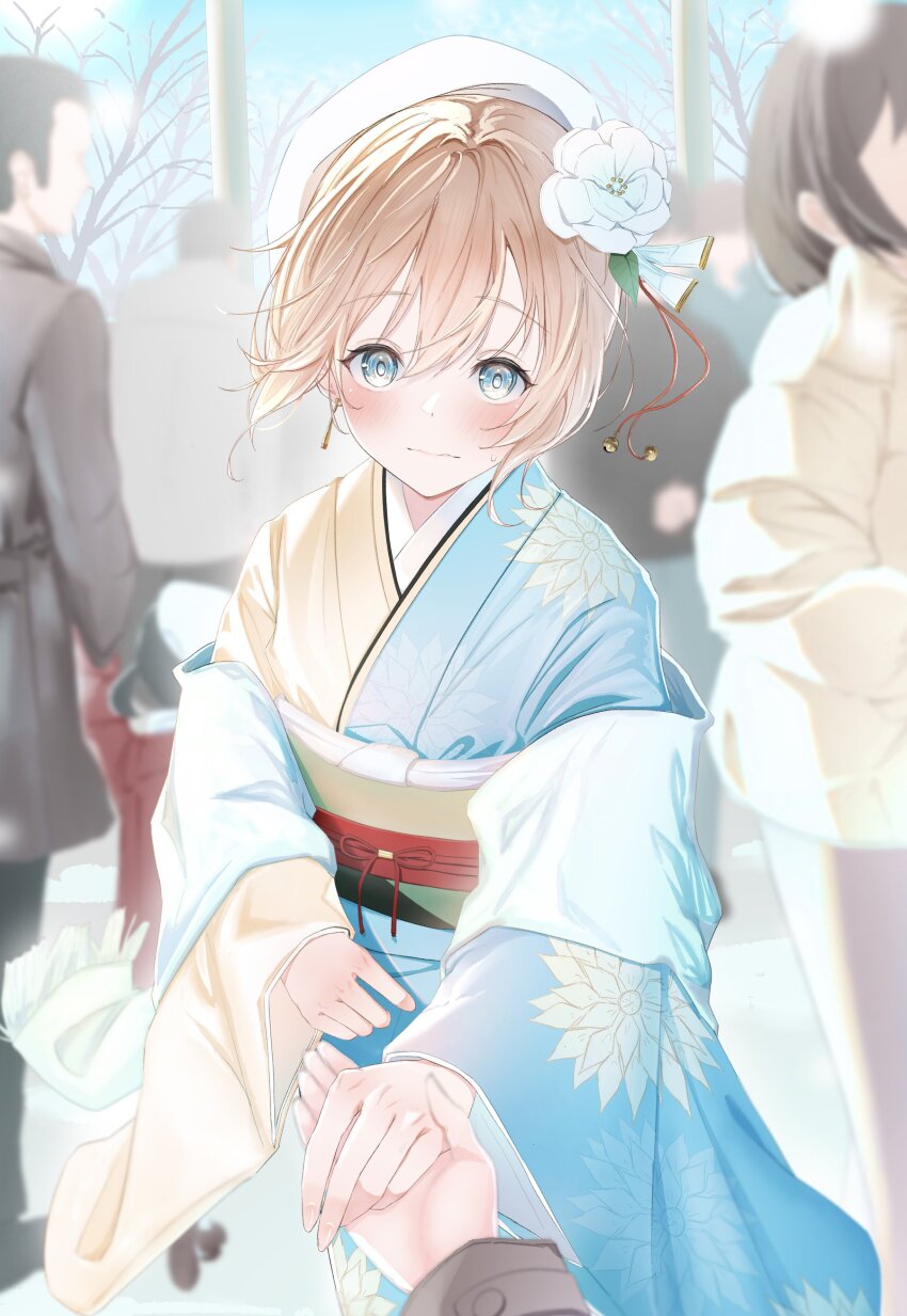 1boy 1girl absurdres adapted_costume alternate_costume alternate_hair_length alternate_hairstyle beret blonde_hair blue_eyes blue_kimono blush commentary_request cowboy_shot crowd double-parted_bangs earrings embarrassed floral_print floral_print_kimono flower full-face_blush furisode hair_between_eyes hair_flower hair_ornament hat highres holding_hands hololive japanese_clothes jewelry kazama_iroha kimono offering_hand parted_hair people pov pov_hands print_kimono rin_(rin_illust_0805) shawl snow solo_focus two-tone_kimono virtual_youtuber white_hat winter yellow_kimono