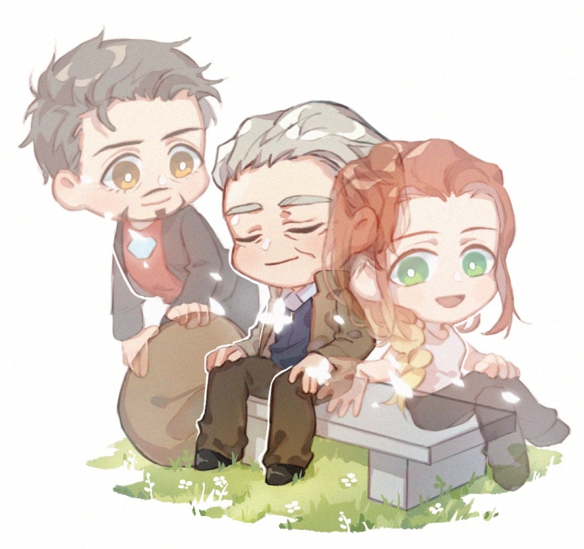 1girl 2boys arc_reactor avengers:_endgame avengers_(series) bare_shoulders black_footwear black_hair black_jacket black_pants blonde_hair blue_vest braid brown_eyes brown_jacket brown_pants bug butterfly chibi chinese_commentary closed_eyes closed_mouth collared_shirt commentary_request crossed_legs facial_hair flower gradient_hair grass green_eyes grey_hair hand_on_own_knee insect jacket long_hair long_sleeves looking_at_another marvel marvel_cinematic_universe multicolored_hair multiple_boys natasha_romanoff old old_man on_bench open_clothes open_jacket open_mouth pants red_hair red_shirt shirt shoes short_hair sidelocks simple_background sitting smile spirit steve_rogers tank_top tony_stark vest white_background white_flower white_shirt white_tank_top yizilu699