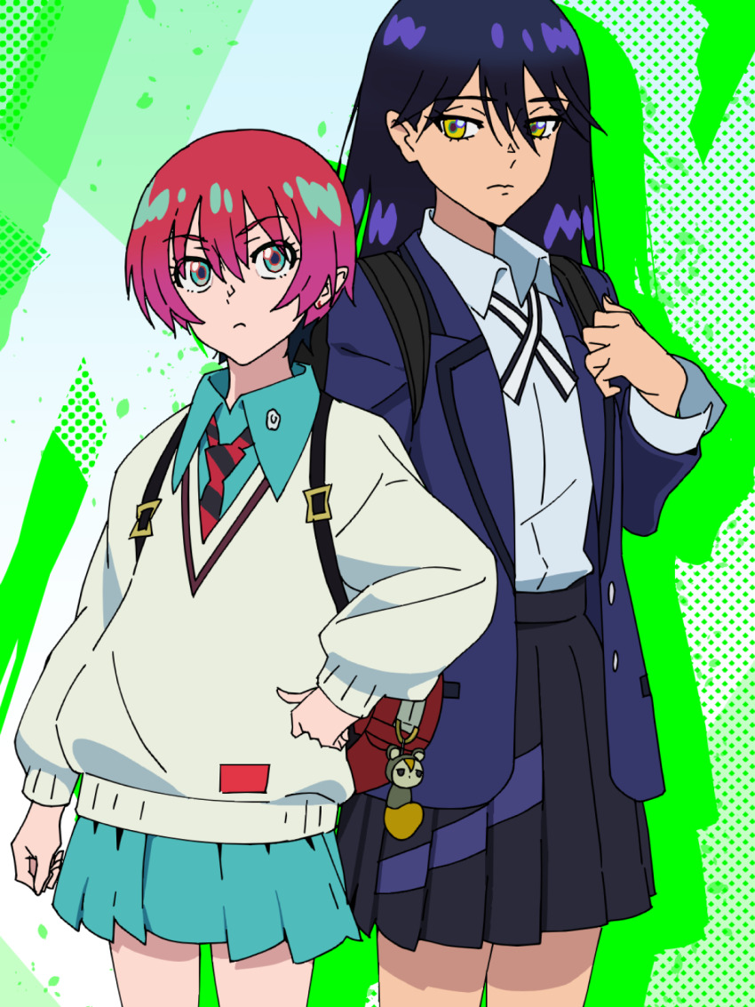 2girls amate_yuzuriha aqua_shirt aqua_skirt backpack bag bag_charm black_hair black_skirt blue_jacket charm_(object) diagonal-striped_clothes diagonal-striped_necktie gundam gundam_gquuuuuux highres jacket long_hair looking_at_viewer multiple_girls necktie nyaan_(gundam_gquuuuuux) pleated_skirt red_hair shirt short_hair skirt striped_clothes sweater white_sweater yamamoto_nanashiki yellow_eyes
