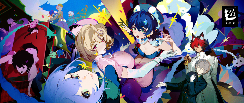 2boys 3girls bell belle_(zenless_zone_zero) black_jacket blonde_hair blue_hair braid breasts cleavage dress elbow_gloves gloves hat highres horns jacket jewelry komano_manato large_breasts long_hair lucia_elowen multiple_boys multiple_girls necklace official_art pearl_necklace pink_dress red_hair short_dress short_hair tentacle_girl tentacle_tail tentacles twin_braids white_gloves white_jacket wise_(zenless_zone_zero) yidhari_murphy zenless_zone_zero