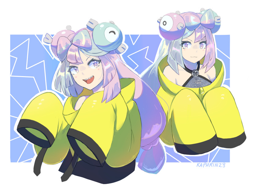 1girl :d absurdres artist_name border bow-shaped_hair character_hair_ornament grey_shirt hair_ornament highres iono_(pokemon) jacket kaphrin long_hair long_sleeves mixed-language_commentary multicolored_hair multiple_views nintendo open_mouth outline pokemon pokemon_sv purple_eyes purple_hair sharp_teeth shirt sleeveless sleeveless_shirt sleeves_past_fingers sleeves_past_wrists smile teeth two-tone_hair upper_teeth_only white_border yellow_jacket