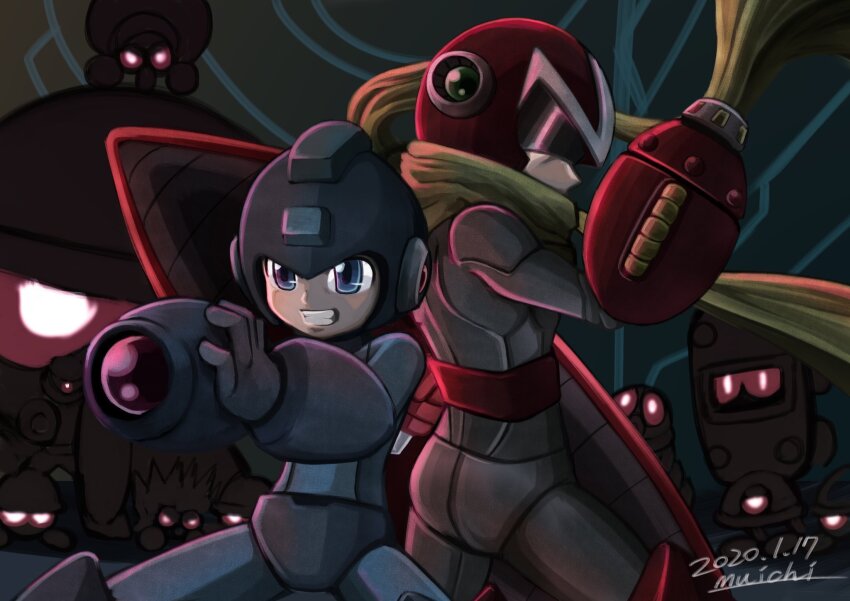 agetatekoron2 arm_cannon assault_visor blue_eyes blue_helmet dark_background dated helmet highres male_focus mega_man_(character) mega_man_(classic) mega_man_(series) proto_man red_helmet scarf signature weapon yellow_scarf