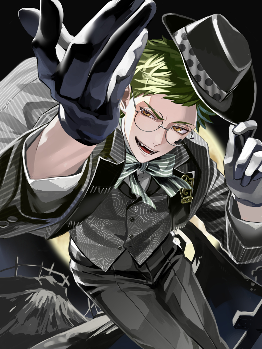 1boy absurdres black_gloves black_suit black_vest chikuwa_glasses commentary_request cowboy_shot fangs formal_clothes full_moon glasses gloves green_hair hat hat_tip highres jacket looking_at_viewer male_focus moon outdoors short_hair solo striped_clothes striped_jacket suit the_nightmare_before_christmas trey_clover twisted_wonderland vest yellow_eyes