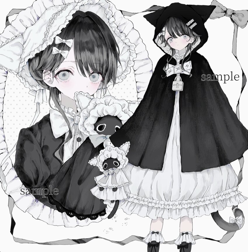 1girl animal animal_hood bad_id bad_twitter_id black_hair black_robe bonnet bow cat cat_hood cat_tail closed_mouth clothed_animal dress frilled_dress frills full_body grey_bow grey_eyes hair_bow highres holding holding_animal holding_cat hood hood_up lock long_hair long_sleeves looking_at_viewer multiple_views original pale_skin robe sample_watermark tail tail_bow tail_ornament watermark white_bow white_dress yuyuyuyhz