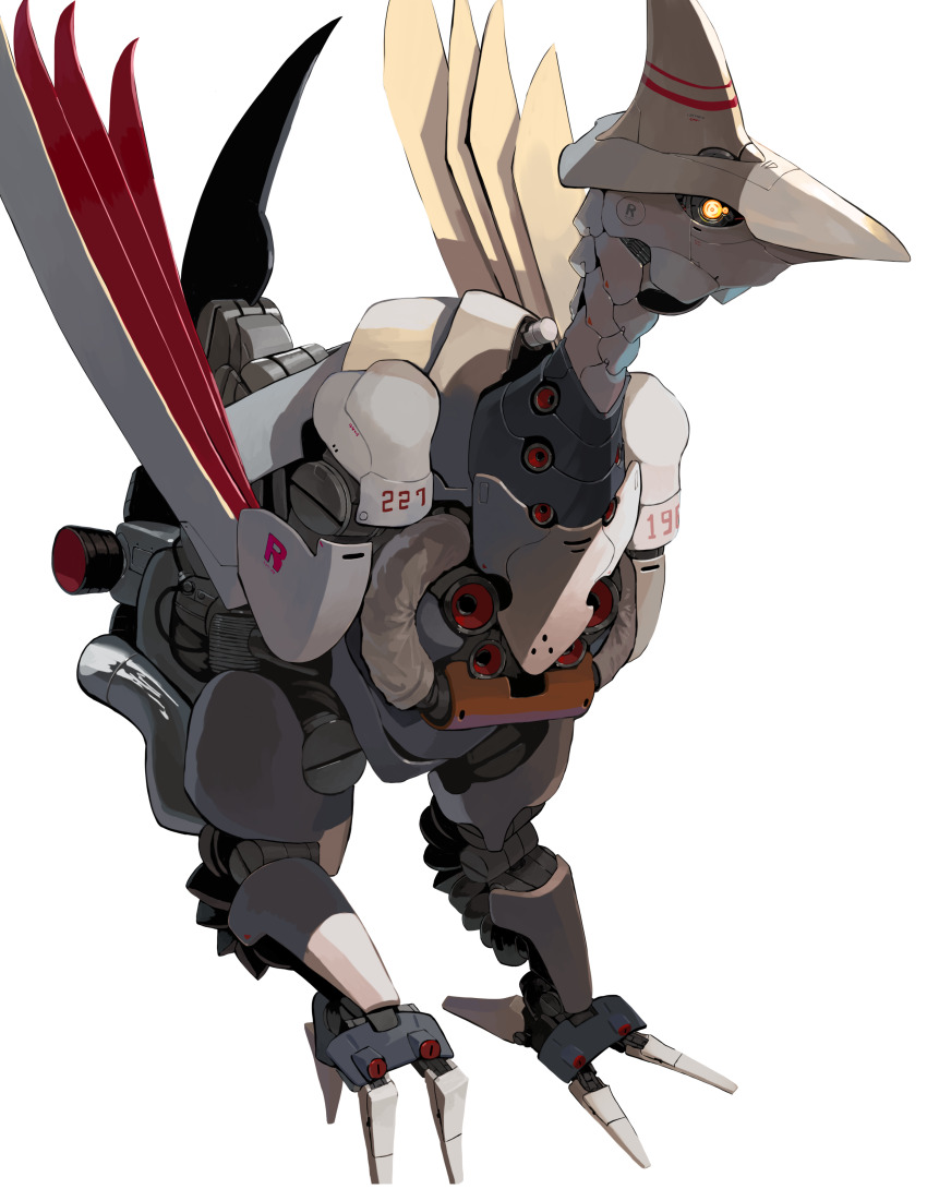 absurdres animal_focus bird closed_mouth commentary_request exhaust_pipe full_body gen_2_pokemon glowing glowing_eyes highres joints looking_at_viewer mechanization nintendo no_humans non-humanoid_robot original pokemon pokemon_(creature) robot robot_animal robot_joints science_fiction simple_background skarmory solo standing white_background yellow_eyes yunimaru