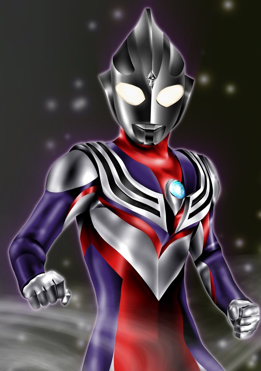 1boy alien armor black_background breastplate clenched_hands color_timer colored_skin commentary compound_eyes crystal dark_persona dorsal_fin forehead_jewel glowing glowing_eyes gradient_background grey_background grey_skin hanejidyna86 highres light_particles looking_at_viewer male_focus multicolored_skin purple_skin red_skin silver_skin solo standing tokusatsu two-tone_background ultra_series ultraman_tiga ultraman_tiga:_the_final_odyssey ultraman_tiga_(series) ultraman_tiga_(tiga_blast) upper_body white_eyes wrinkled_skin