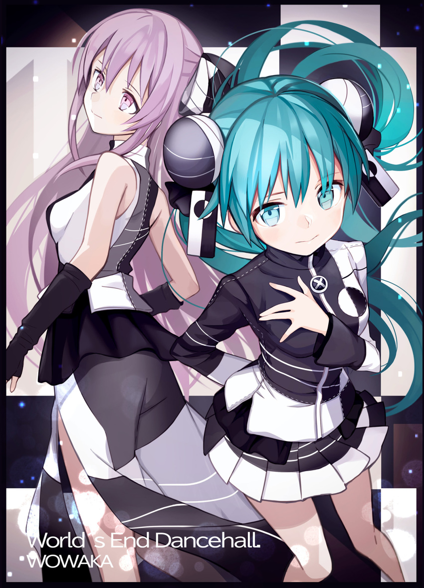 2girls arm_behind_back blue_eyes blue_hair dress gloves hair_ornament hand_on_own_chest hatsune_miku highres jacket kari_kenji long_hair long_skirt long_sleeves looking_at_viewer looking_back megurine_luka miniskirt multiple_girls pink_eyes pink_hair pleated_skirt side_slit skirt sleeveless sleeveless_dress song_name twintails very_long_hair vocaloid world&#039;s_end_dancehall_(vocaloid)