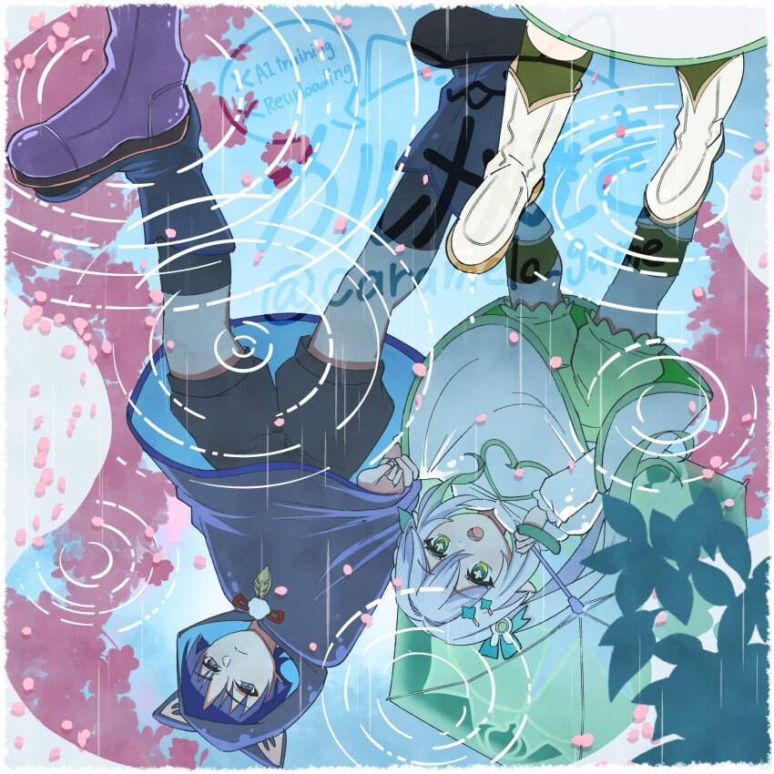 1boy 1girl alternate_costume animal_ear_hood animal_ears arm_at_side black_cloak black_hood black_shorts bloomers blue_hair blue_hood blue_sky blunt_ends boots bright_pupils caramelo_game cat_ears cherry_blossoms cloak closed_mouth colored_tips cross-shaped_pupils double-parted_bangs eyelashes eyeliner eyeshadow fake_animal_ears feathers genshin_impact green_bloomers green_eyes green_hair green_ribbon green_socks green_umbrella hair_between_eyes hair_ornament hair_ribbon hairclip half_crown_braid hand_up heart highres holding holding_hands holding_umbrella hood hood_up hooded_cloak leaf leaf_hair_ornament long_hair makeup multicolored_hair nahida_(genshin_impact) official_alternate_costume petals petals_on_ground petals_on_liquid pink_petals pom_pom_(clothes) puddle purple_boots purple_eyes rain red_eyeliner red_eyeshadow reflection reflection_focus ribbon ripples rubber_boots scaramouche_(genshin_impact) shorts side_ponytail sidelocks sky socks split_mouth string symbol-shaped_pupils tareme tsurime two-sided_hood umbrella underwear upside-down wanderer_(genshin_impact) white_boots white_cloak white_hair white_pupils white_sleeves yellow_feathers