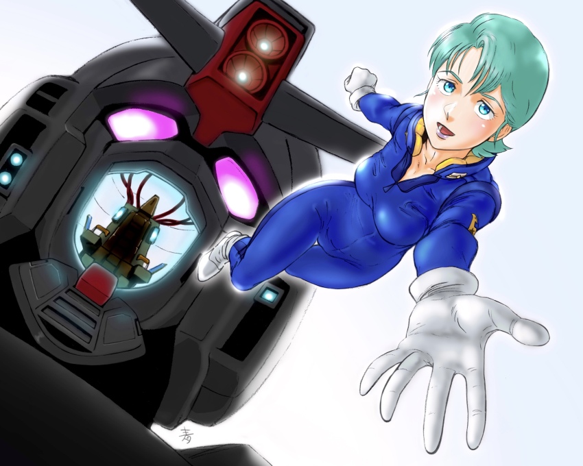 1girl absurdres aobito_sukoyaka_bystander aqua_hair beam_cannon blue_eyes breasts cable commentary_request floating four_murasame gloves glowing glowing_eyes gundam highres machinery mecha mecha_pilot_suit military_uniform mobile_suit open_hatch pilot_chair psycho_gundam purple_eyes reaching reaching_towards_viewer robot science_fiction signature titans_(gundam) upper_body v-fin white_gloves zero_gravity zeta_gundam