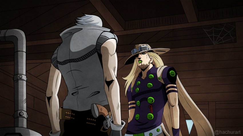 2boys blonde_hair grey_hair gun gyro_zeppeli hachuart handgun highres jojo_no_kimyou_na_bouken long_hair looking_at_another multiple_boys official_style pistol ringo_roadagain short_hair silk spider_web stare_down steel_ball_run twitter_username weapon