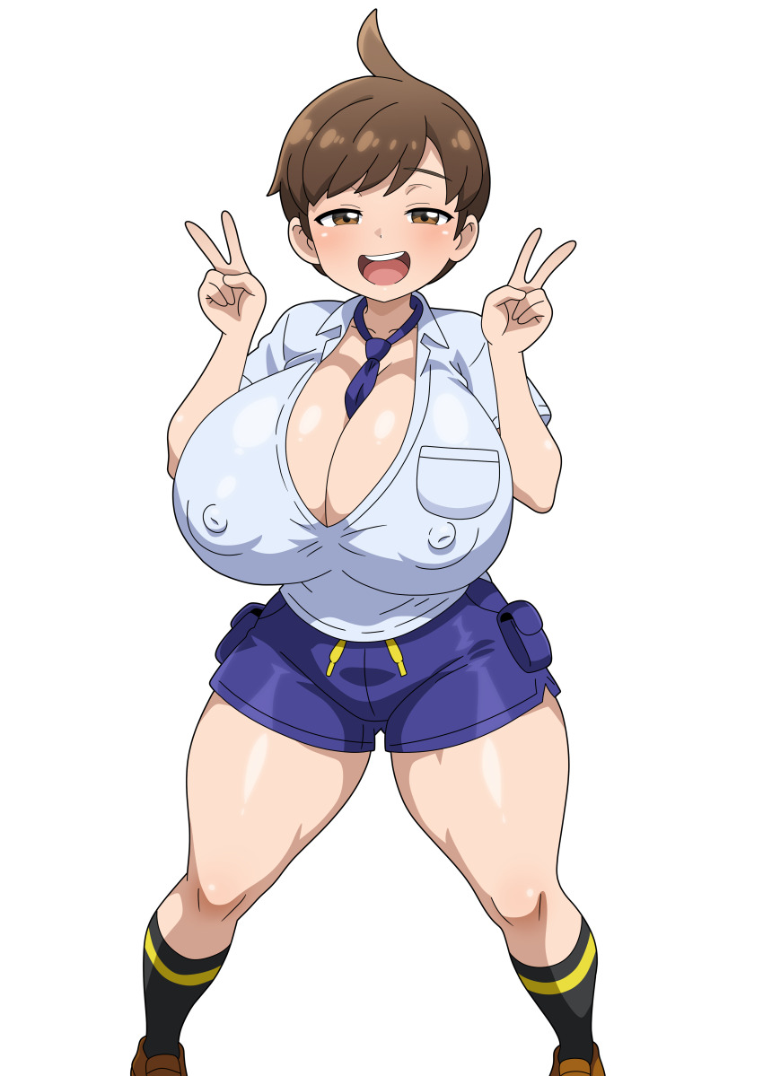 1girl between_breasts black_socks blue_shirt breasts brown_eyes brown_hair brown_shoes cleavage covered_erect_nipples cowboy_shot double_v florian_(pokemon) genderswap genderswap_(mtf) hitokiwa_kenchin huge_breasts looking_at_viewer necktie necktie_between_breasts nintendo no_bra open_mouth pokemon pokemon_swsh purple_shorts shirt shoes short_hair short_sleeves shorts simple_background smile smug socks solo standing teeth thick_thighs thighs tongue upper_teeth_only v white_background white_shirt