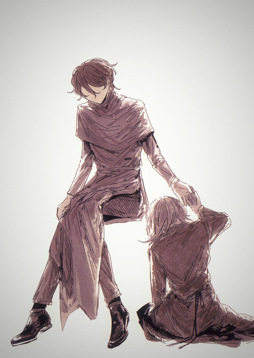 1boy 1girl absurdres capelet chinese_commentary chromatic_aberration commentary_request enomoto_noa faceless highres holding_hands invisible_chair lifop long_sleeves monochrome pants saibou_shinkyoku sepia short_hair simple_background sitting utsugi_noriyuki white_background