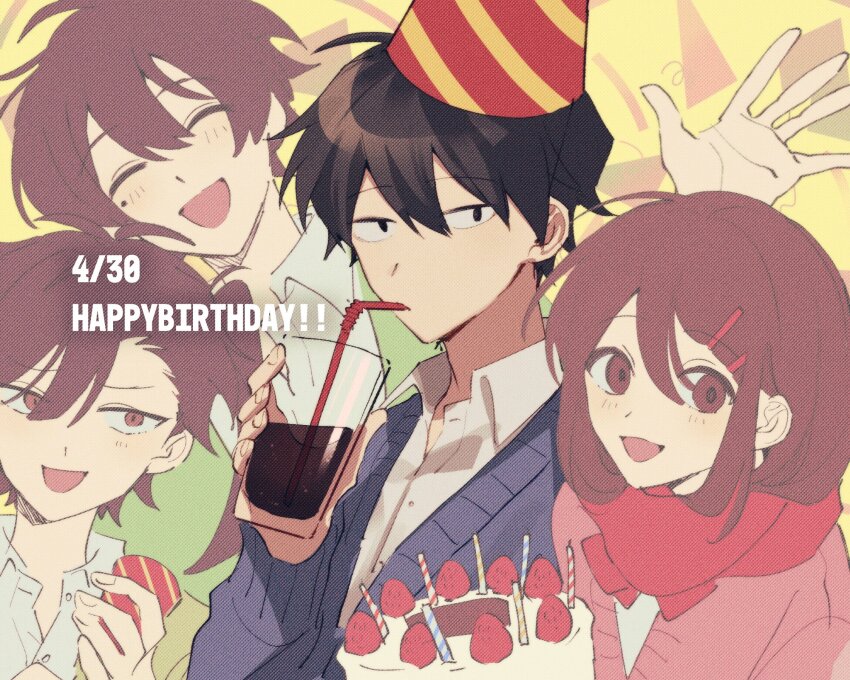 2boys 2girls :d ^_^ bendy_straw birthday_cake black_eyes black_hair blue_cardigan brown_eyes brown_hair cake candle cardigan closed_eyes collared_shirt commentary cup drink drinking drinking_glass drinking_straw enomoto_takane facing_viewer food fruit green_cardigan happy_birthday hat highres holding holding_cup holding_drink kagerou_project kisaragi_shintarou kokonose_haruka looking_at_viewer mokemoke_chan mole mole_under_eye multiple_boys multiple_girls open_collar open_mouth palms party_hat red_cardigan red_hat school_uniform shirt short_hair smile solo strawberry tateyama_ayano tsurime twintails two-tone_hat upper_body white_shirt yellow_background yellow_cardigan yellow_hat