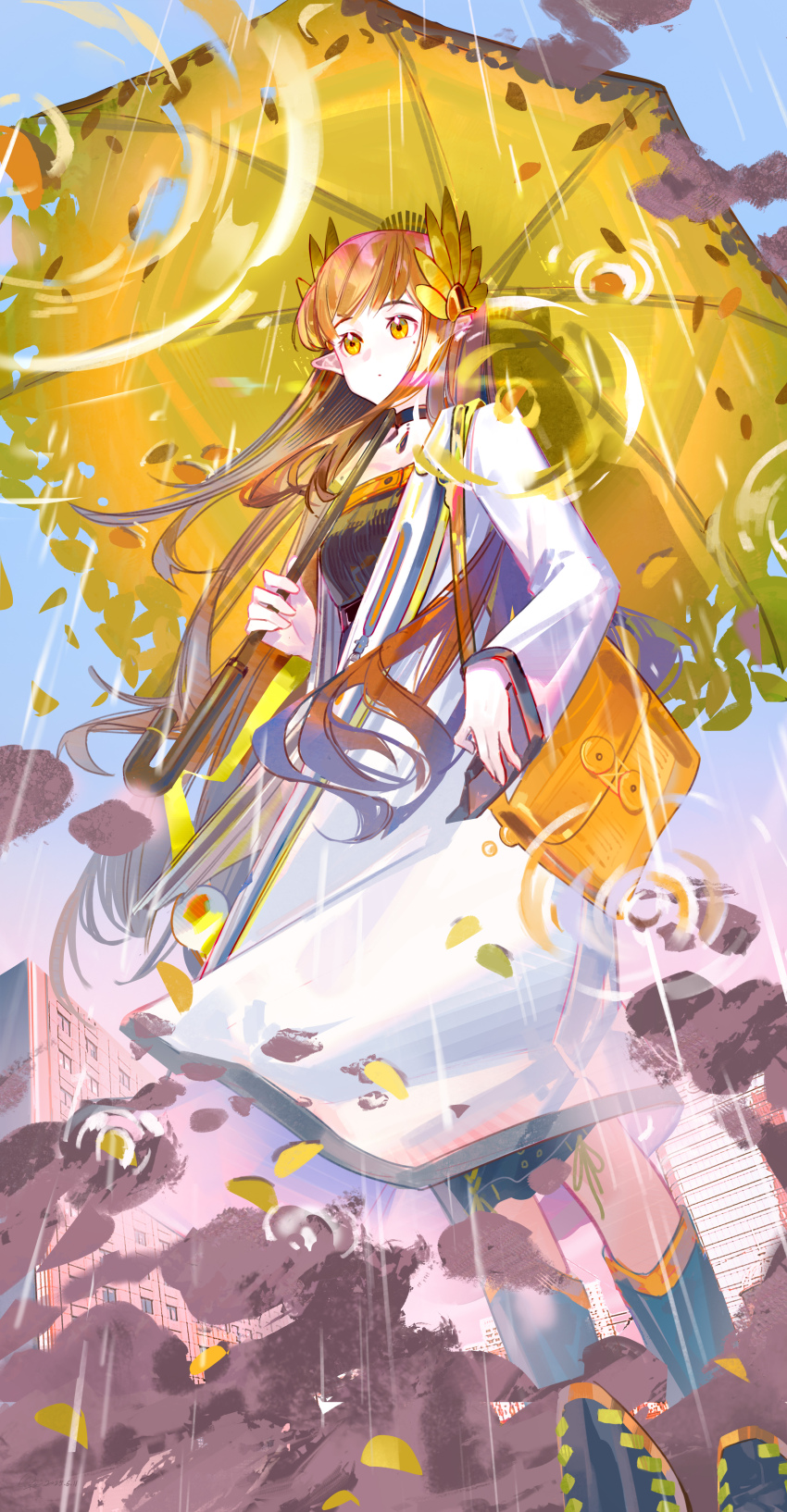 1girl absurdres arknights breasts brown_hair closed_mouth coat dot_mouth highres holding holding_umbrella long_hair lyuqiu muelsyse_(arknights) rain scenery solo standing umbrella white_coat yellow_eyes yellow_umbrella