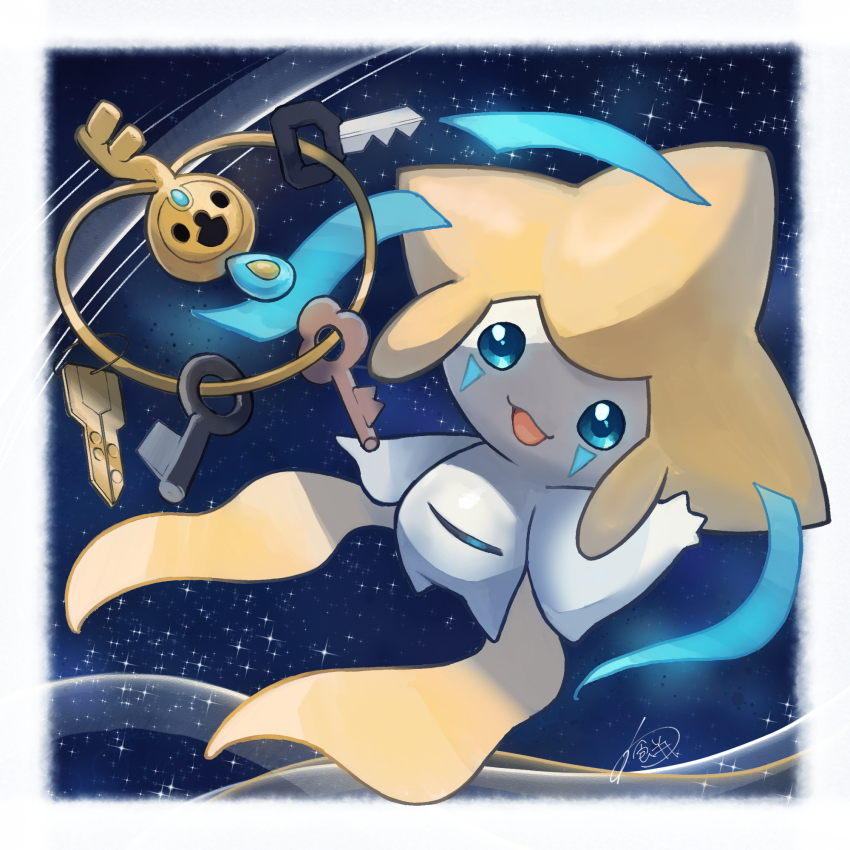 :d alternate_color blue_eyes border commentary_request gen_3_pokemon gen_6_pokemon highres jirachi klefki legendary_pokemon mythical_pokemon nintendo no_humans open_mouth pokemon pokemon_(creature) shiny_pokemon signature smile space star_(sky) tongue warabimoti168 white_border