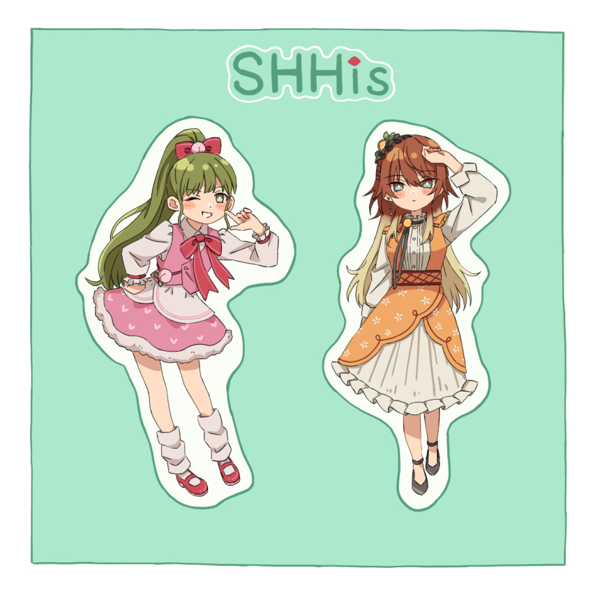 2girls aketa_mikoto black_ribbon black_shoes blonde_hair blue_eyes blush_stickers bow brown_eyes brown_hair closed_mouth commentary_request dress expressionless green_background green_eyes green_hair grin group_name hair_between_eyes hand_on_own_head hand_on_own_hip heart heart_print highres idol_clothes idolmaster idolmaster_shiny_colors inset_border long_hair long_sleeves looking_at_viewer loose_socks mary_janes multicolored_eyes multicolored_hair multiple_girls nanakusa_nichika one_eye_closed orange-shaped_ornament orange_dress peach_ornament pink_skirt pink_vest pointing pointing_at_self ponytail red_bow red_ribbon red_shoes ribbon shoes sidelocks skirt smile socks two-tone_eyes very_long_hair vest wrist_ribbon yuyohe