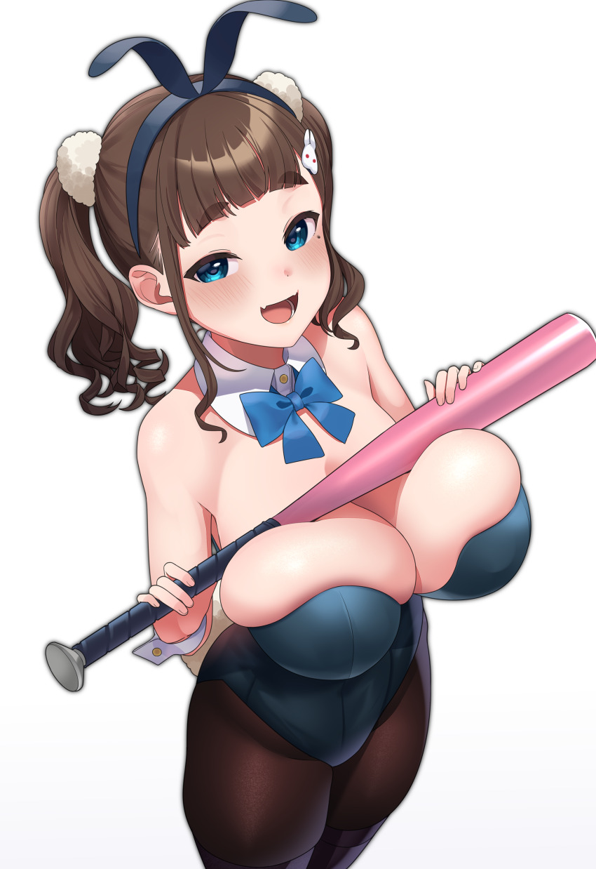 absurdres animal_ear_hairband animal_ears aqua_eyes baseball_bat blue_bow blue_leotard blush bow bowtie breast_suppress breasts brown_hair cleavage covered_navel cowboy_shot fake_animal_ears fake_tail hair_ornament hairband highleg highres holding holding_baseball_bat huge_breasts large_breasts leotard metal_baseball_bat open_mouth original pantyhose playboy_bunny rabbit_ear_hairband rabbit_ears rabbit_hair_ornament rabbit_tail sagging_breasts smile strapless tail teeth traditional_bowtie twintails wavy_hair white_background white_wrist_cuffs wotori wrist_cuffs