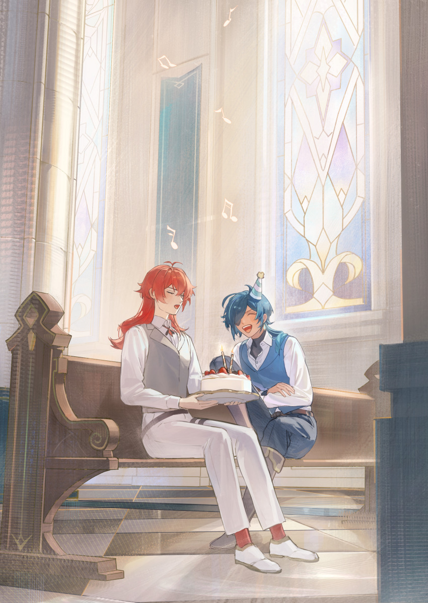 2boys absurdres aji_11300913 antenna_hair belt black_undershirt blue_hair blue_pants blue_vest boots brothers brown_belt cake candle cathedral church closed_eyes collared_shirt commentary_request dark-skinned_male dark_skin day diluc_(genshin_impact) eyepatch food fruit genshin_impact grey_vest hair_between_eyes hair_over_one_eye hat highres holding holding_food kaeya_(genshin_impact) laughing leg_up long_hair male_focus multiple_boys musical_note one_eye_covered open_mouth pants party_hat pew red_hair shirt siblings sitting stained_glass step-siblings strawberry vest vision_(genshin_impact) white_footwear white_pants white_shirt