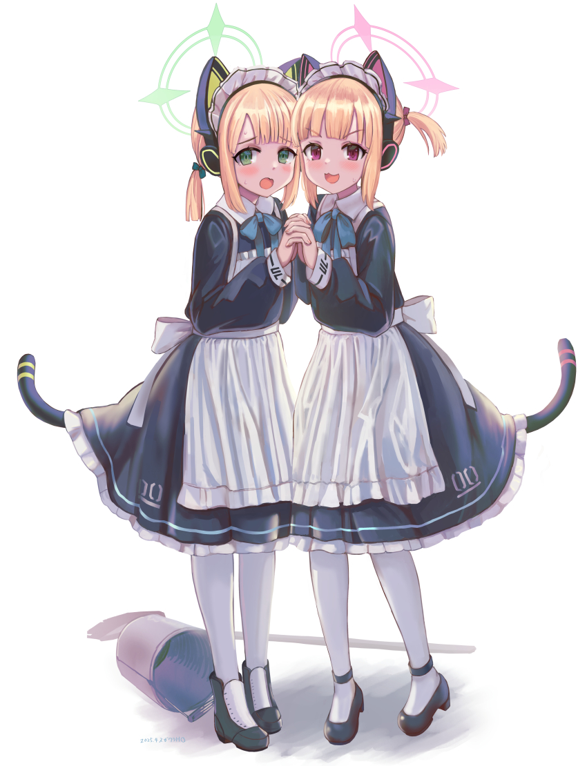 2025 2girls 3: :3 :d absurdres animal_ear_headphones animal_ears apron artist_name back_bow black_boots black_dress black_shoes black_tail blonde_hair blue_archive blue_ribbon blush boots bow broom bucket cat_ear_headphones cat_ears cat_tail collared_dress commentary_request contrast_collar dated dress fake_animal_ears fake_tail frilled_apron frilled_dress frills full_body green_bow green_eyes green_halo hair_bow halo headphones highres holding_hands interlocked_fingers long_sleeves looking_at_viewer maid maid_apron maid_headdress medium_hair midori_(blue_archive) midori_(maid)_(blue_archive) momoi_(blue_archive) momoi_(maid)_(blue_archive) multiple_girls neck_ribbon number_print official_alternate_costume official_alternate_hairstyle open_mouth pantyhose parted_bangs pink_bow pink_eyes pink_halo puffy_long_sleeves puffy_sleeves ribbon shoes siblings sidelocks simple_background sisters small_sweatdrop smile standing sugawara_you sweat tail tail_raised twins twintails v-shaped_eyebrows white_apron white_background white_bow white_headdress white_pantyhose