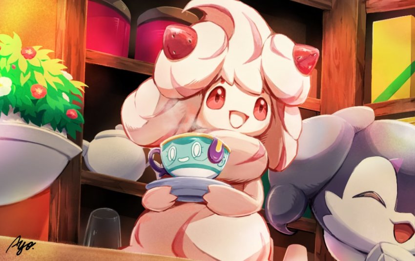 :d alcremie alcremie_(strawberry_sweet) ayo_(ayosanri009) commentary_request cup food fruit gen_8_pokemon holding holding_saucer indeedee indoors looking_to_the_side nintendo no_humans open_mouth pokemon pokemon_(creature) red_eyes saucer shelf signature sinistea smile steam strawberry teacup teapot