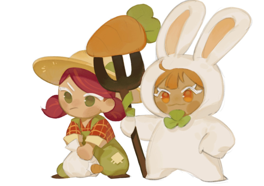 2girls :/ :3 ahoge animal_ear_hood animal_ears bag beet_cookie beet_cookie_(farm_ranger) blunt_bangs bozi_(labochushi) brown_footwear carrot carrot_cookie carrot_cookie_(bouncy_bunny) closed_mouth clover clover_brooch cookie_run cookie_run:_ovenbreak dark-skinned_female dark_skin double-parted_bangs fake_animal_ears flats fork full_body gingham_shirt green_eyes green_overalls hand_on_own_hip hat highres holding holding_bag holding_fork hood hood_up humanization legs_apart looking_ahead medium_hair multiple_girls no_eyebrows no_fingers no_nose no_pupils no_sclera official_alternate_costume onesie orange_hair overalls oversized_object rabbit_ears red_hair red_shirt shirt short_twintails side-by-side side_part single_eyebrow sketch straw_hat twintails two-handed v-shaped_eyebrows white_bag