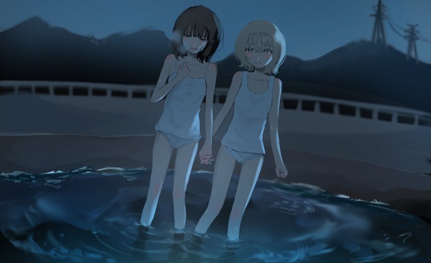 2girls akairosaboten20 attempted_suicide beach blonde_hair brown_hair camisole closed_mouth commentary grey_eyes hair_between_eyes hair_ribbon hanamura_hinako hashtag-only_commentary highres holding_hands interlocked_fingers kitanai_kimi_ga_ichiban_kawaii multiple_girls night open_mouth outdoors panties ribbon sezaki_airi tank_top underwear wading white_camisole white_panties white_tank_top yuri