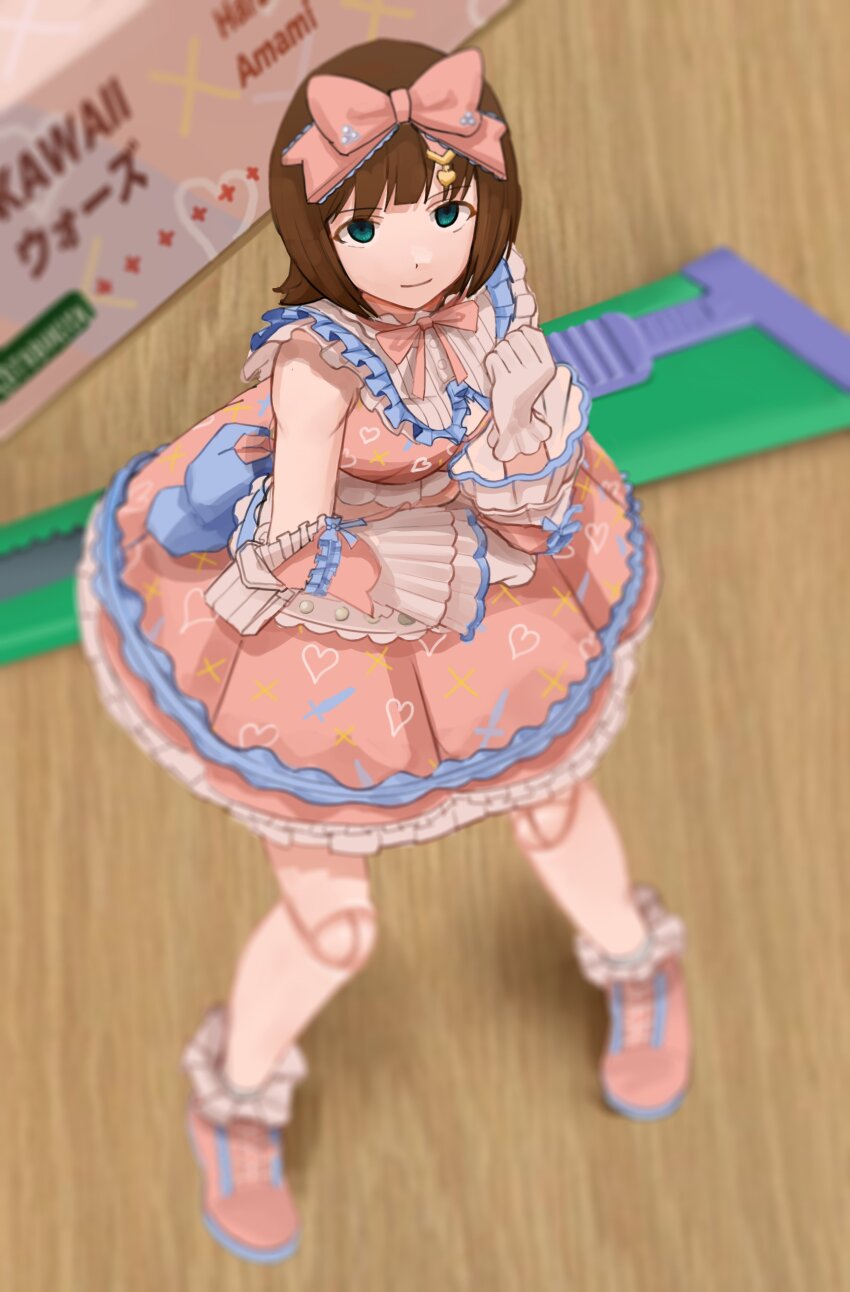 1girl absurdres amami_haruka blurry breasts brown_hair ch2haya_p character_doll closed_mouth depth_of_field detached_sleeves doll_joints dress figure frilled_dress frills from_above full_body gloves green_eyes hair_ribbon hand_up highres idolmaster idolmaster_(classic) idolmaster_starlit_season joints looking_at_viewer miniature model model_kit pink_dress pink_ribbon pink_shoes puffy_sleeves ribbon shoes short_hair solo standing sweet_dolls_(idolmaster) table toy white_gloves