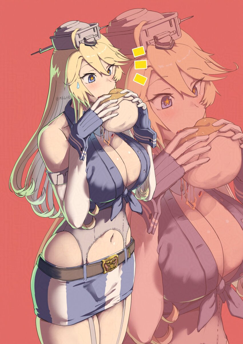1girl absurdres blonde_hair blue_eyes breasts burger commentary_request eating elbow_gloves fingerless_gloves food gloves headgear highres holding holding_burger holding_food iowa_(kancolle) kantai_collection large_breasts long_hair mrdotd skirt star-shaped_pupils star_(symbol) striped_clothes striped_skirt symbol-shaped_pupils vertical-striped_clothes vertical-striped_skirt