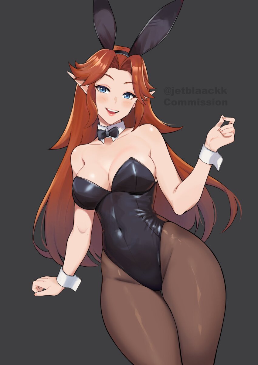 1girl animal_ears armpit_crease black_bow black_bowtie black_leotard blue_eyes blush bow bowtie breasts brown_hair brown_pantyhose commission covered_navel detached_collar fake_animal_ears fingernails gluteal_fold grey_background groin hair_intakes hand_up highleg highleg_leotard highres jetblaackk large_breasts leotard long_hair looking_at_viewer malon nintendo open_mouth pantyhose playboy_bunny pointy_ears rabbit_ears simple_background smile solo strapless strapless_leotard teeth the_legend_of_zelda the_legend_of_zelda:_ocarina_of_time thigh_gap upper_teeth_only white_wrist_cuffs wrist_cuffs