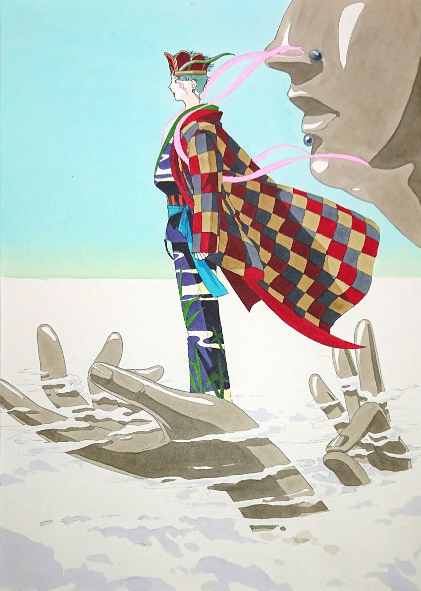 1boy 59awakadoy above_clouds aqua_hair blue_kimono buddha buddhism checkered_haori cloud commentary crown day from_side full_body hagoromo haori highres in_palm japanese_clothes kimono long_sleeves male_focus obi original outdoors red_crown sash shawl sky solo standing statue traditional_media