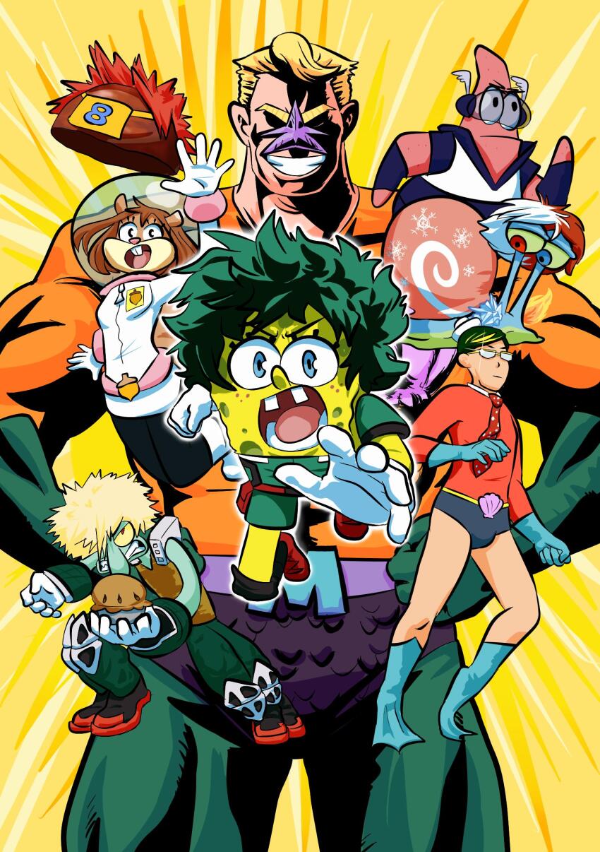 all_might bakugou_katsuki barnacle_boy blonde_hair blue_eyes boku_no_hero_academia buck_teeth cowboy_shot derivative_work food full_body gary_(spongebob) glasses hands_on_own_hips highres iida_tenya jumjamz kirishima_eijirou mermaid_man midoriya_izuku muscular muscular_male opaque_glasses patrick_star pie rock sandy_cheeks sir_nighteye spongebob_squarepants spongebob_squarepants_(series) squidward_tentacles teeth todoroki_shouto uraraka_ochako