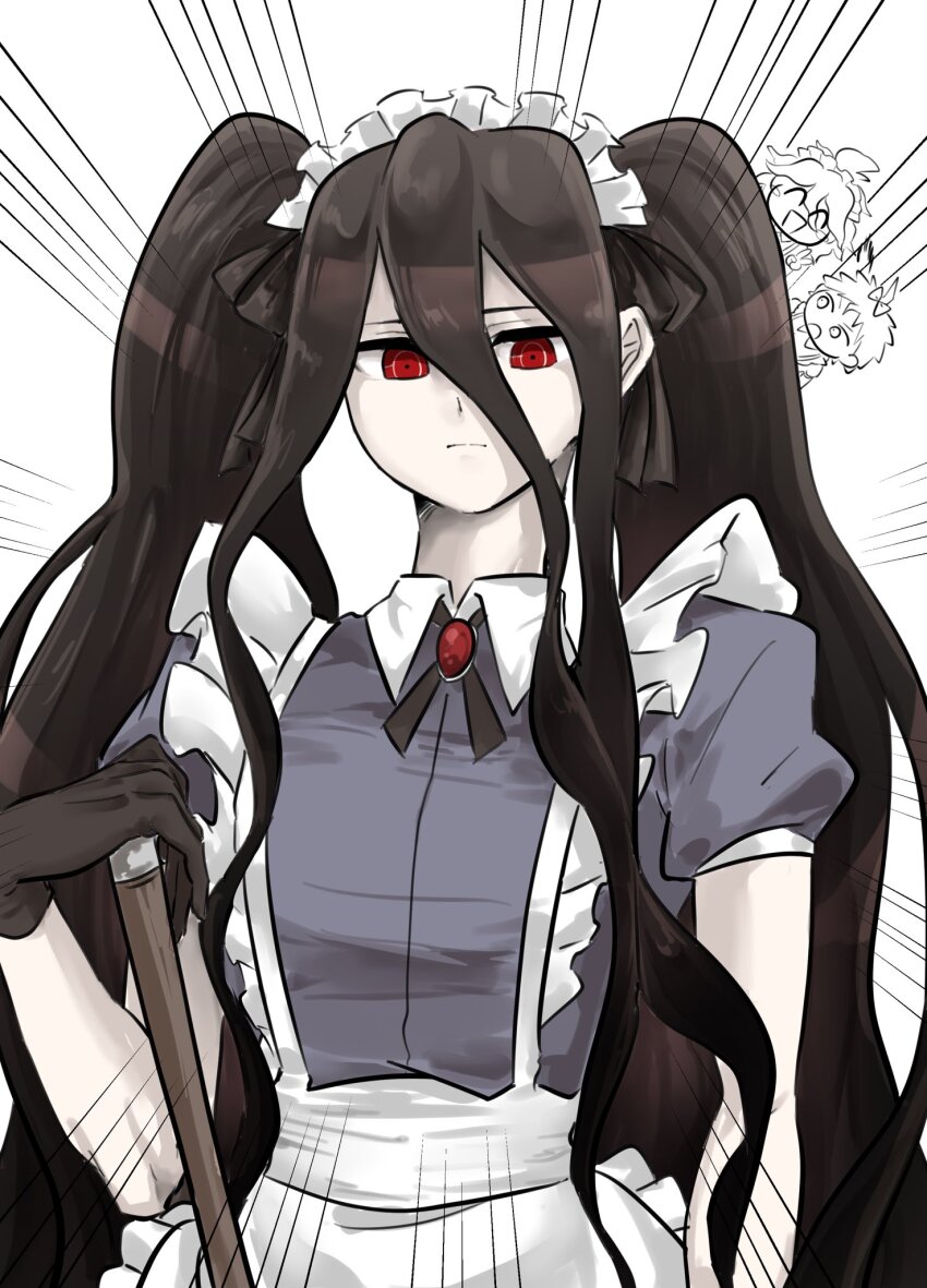 3boys ahoge apron black_gloves black_shirt brown_hair closed_mouth collared_dress danganronpa_(series) danganronpa_2:_goodbye_despair dress frilled_apron frills gloves gumame1313 hair_between_eyes highres hinata_hajime holding kamukura_izuru komaeda_nagito long_hair maid_headdress multiple_boys puffy_short_sleeves puffy_sleeves red_eyes shirt short_sleeves twintails waist_apron white_apron white_background