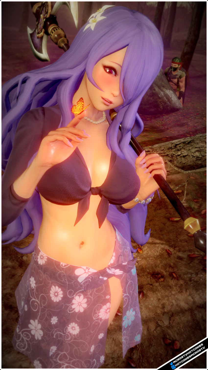1boy 1girl 3d absurdres alternate_costume axe bandit bikini black_bikini breasts bug butterfly camilla_(fire_emblem) female_focus fire_emblem fire_emblem_fates flower fog forest green_eyes green_hair hair_flower hair_ornament headband hiding highres hotcakesmcnasty imminent_rape insect leaf long_hair mask medium_breasts midriff nail_polish nature night nintendo open_mouth outdoors pink_eyes purple_hair purple_nails rape rock sarong see-through_clothes short_hair solo_focus story_at_source swimsuit tree very_long_hair very_short_hair weapon