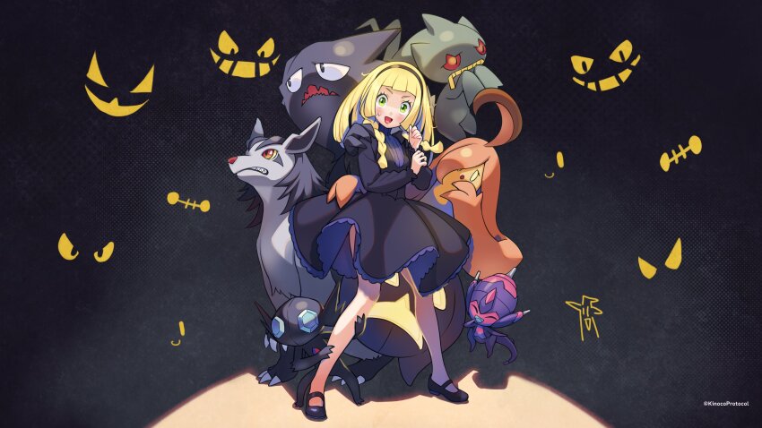 1girl absurdres alternate_costume banette blonde_hair cosplay gen_1_pokemon gen_3_pokemon gen_6_pokemon gen_7_pokemon gourgeist green_eyes haunter hex_maniac_(pokemon) hex_maniac_(pokemon)_(cosplay) highres kinocopro lillie_(pokemon) mightyena nintendo poipole pokemon pokemon_sm pokemon_xy sableye ultra_beast