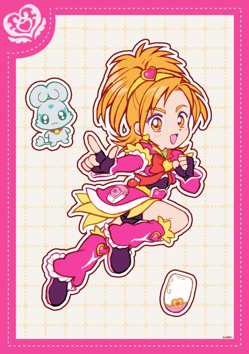 1girl belt belt_bag belt_buckle black_gloves black_shirt black_shoes black_shorts border bow bowtie brooch buckle cellphone clenched_hand commentary cropped_shirt cure_bloom deformed dot_nose dotted_line earrings eyelashes fingerless_gloves flappy_(futari_wa_precure) flip_phone frilled_arm_warmers frilled_leg_warmers frilled_skirt frilled_sleeves frills full_body futari_wa_precure_splash_star gloves gold_earrings grey_background grid_background hair_ornament hairband heart heart-shaped_buckle heart_brooch heart_earrings heart_hair_ornament high_ponytail highres hyuuga_saki jewelry knee_up layered_shirt leg_warmers magical_girl medium_hair miniskirt open_mouth orange_eyes outline phone pink_arm_warmers pink_bag pink_border pink_leg_warmers pink_shirt pink_skirt pointing ponytail precure red_bow red_bowtie shirt shoes short_ponytail short_sleeves shorts shorts_under_skirt signature skirt smile solo tareme two-tone_bag uwded_207 white_bag white_outline yellow_belt yellow_brooch yellow_hairband