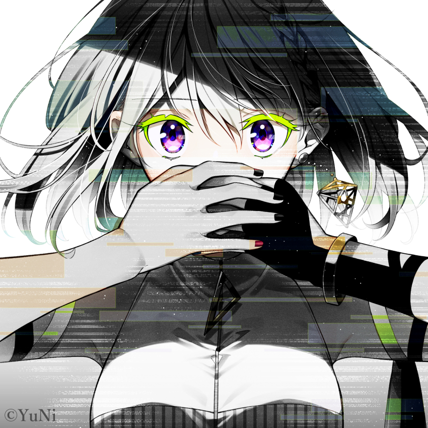 1girl breasts colored_eyelashes commentary_request covering_own_mouth earrings hair_between_eyes highres jewelry looking_at_viewer medium_breasts nail_polish purple_eyes red_nails sakuragi_ren shirt sleeveless sleeveless_shirt solo twitter_username upper_body virtual_youtuber white_background yuni_(yuni_channel) yuni_channel