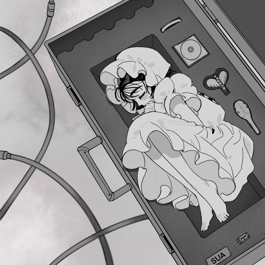 1girl aged_down alien_stage barefoot bonnet cable cd character_name child chinese_commentary closed_eyes commentary_request dress fetal_position frilled_bonnet frills greyscale highres knees_up lying monochrome music_box on_side sleeping solo sua_(alien_stage) tuxiaoning_not