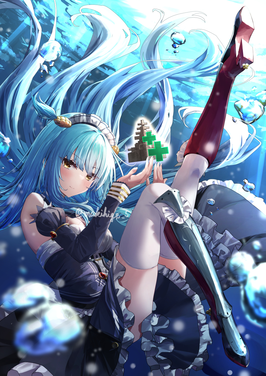 1girl absurdres air_bubble armored_boots azur_lane bare_shoulders blue_dress blue_hair blush boots breasts bubble cleavage commentary_request detached_sleeves dress floating_hair frilled_dress frills from_below full_body gem hands_up high_heel_boots high_heels highres knee_boots knee_up leg_up long_hair looking_at_viewer looking_down maid_headdress makihige medium_breasts neptune_(azur_lane) outstretched_leg red_gemstone shell_hair_ornament smile solo thighhighs thighs underwater very_long_hair yellow_eyes
