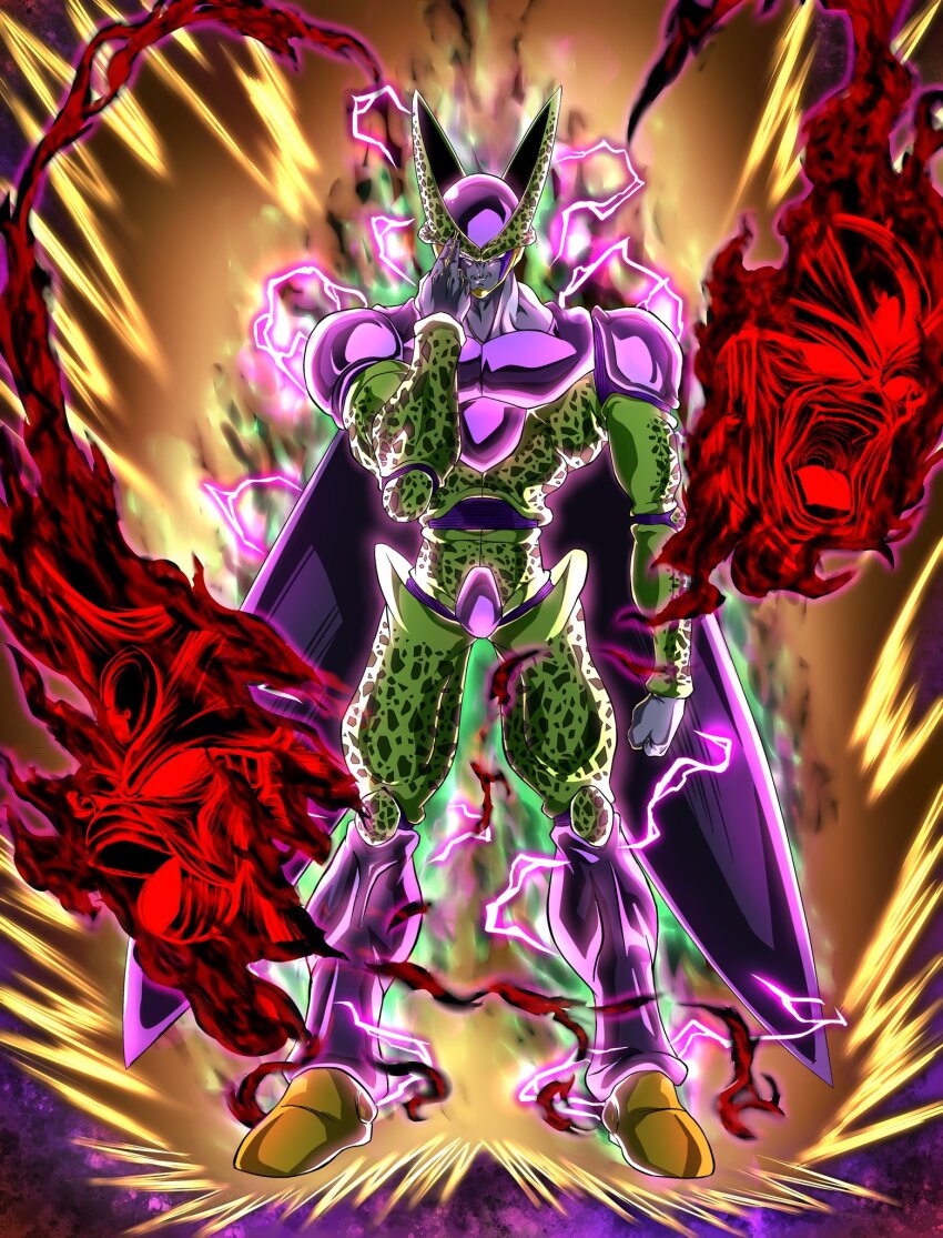 1boy arm_at_side aura black_nails cell_(dragon_ball) clenched_hand colored_skin commentary_request dragon_ball dragonball_z electricity energy evil_smile fingernails full_body grey_skin hand_up highres imperfect_cell long_fingernails looking_at_viewer male_focus muscular muscular_male parted_lips perfect_cell purple_eyes semi-perfect_cell sharp_fingernails smile smirk solo suigetu26 v-shaped_eyebrows