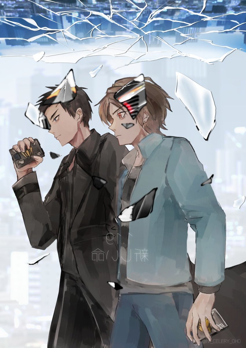 2boys advent_deck akiyama_ren armor bat_(animal) black_armor black_eyes black_hair black_shirt blue_eyes bodysuit broken_mirror brown_hair cape city cityscape clenched_hand clock commentary_request compound_eyes dragon dragreder eastern_dragon friends grey_sweater heisei henshin highres jacket kamen_rider kamen_rider_knight kamen_rider_ryuki kamen_rider_ryuki_(series) kidou_shinji knight male_focus mirror mirror_image multiple_boys ni_celery_pk open_hand red_eyes ribbed_sweater shirt short_hair spiked_hair stingray sweater tokusatsu transformation v_buckle yellow_eyes
