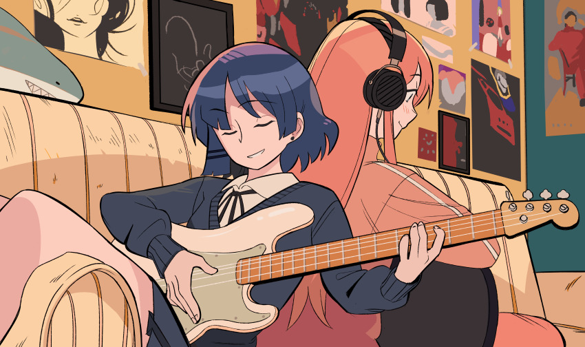 2girls absurdres back-to-back bass_guitar black_ribbon blue_cardigan blue_hair blush bocchi_the_rock! cardigan closed_eyes closed_mouth collared_shirt couch dress_shirt duet earrings fender_precision_bass gotoh_hitori grin happy headphones highres ikea_shark indoors instrument jacket jewelry long_hair multiple_girls music neck_ribbon on_couch open_mouth pants piercing pink_jacket pink_pants pink_track_suit playing_bass_guitar playing_guitar playing_instrument poster_(object) reclining ribbon school_uniform shimokitazawa_high_school_uniform shirt short_hair smile stud_earrings stuffed_animal stuffed_shark stuffed_toy tiffany_chou track_suit u_u white_shirt wing_collar yamada_ryo