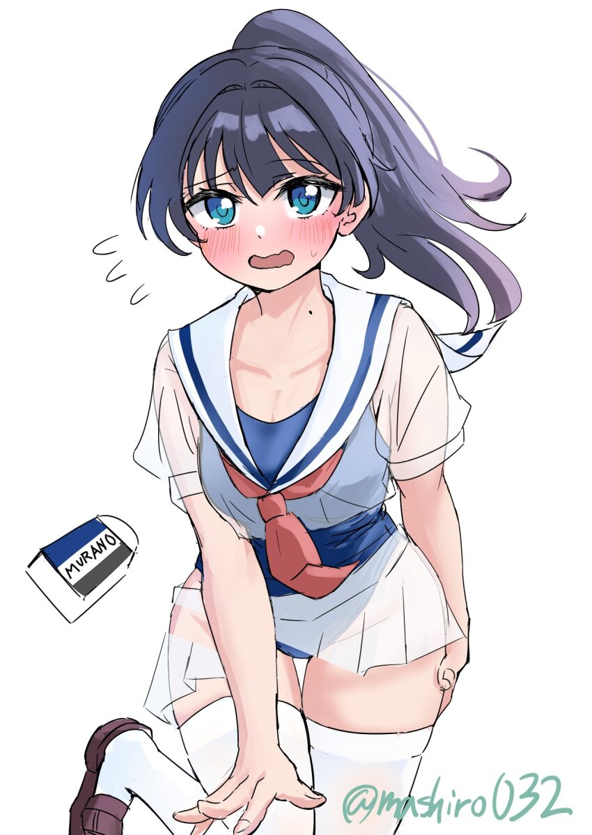 1girl alternate_costume blue_eyes blue_hair blue_one-piece_swimsuit blush breasts brown_shoes cleavage cropped_shirt erased eraser ereka flying_sweatdrops foot_out_of_frame high_ponytail highres leg_up link!_like!_love_live! loafers long_hair looking_at_viewer love_live! medium_breasts miniskirt mole mole_on_neck murano_sayaka neckerchief official_alternate_hairstyle one-piece_swimsuit pleated_skirt ponytail red_neckerchief sailor_collar school_uniform see-through_clothes see-through_shirt see-through_skirt serafuku shirt shoes short_sleeves simple_background skirt solo standing standing_on_one_leg sweatdrop swimsuit thighhighs virtual_youtuber white_background white_sailor_collar white_serafuku white_shirt white_skirt white_thighhighs