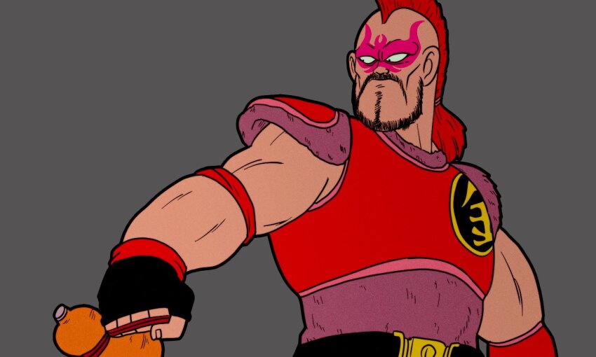 1boy armor black_eyes black_facial_hair black_gloves chankop commentary_request dragon_ball dragon_ball_(classic) facial_hair facial_mark fingerless_gloves fur_trim gloves gourd grey_background holding holding_gourd kinkaku_(dragon_ball) looking_back looking_to_the_side male_focus mohawk muscular muscular_male red_armor red_hair red_trim solo upper_body