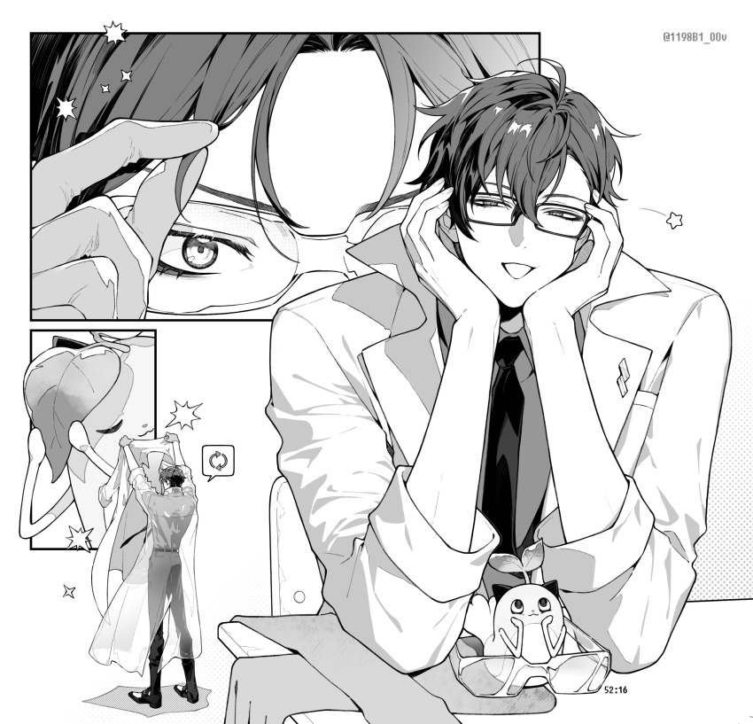 1198b1_oov 1boy belt boots coat collared_shirt elbows_on_table goggles greyscale hands_on_own_face highres holding holding_unworn_clothes leaf leaf_on_head leos_vincent lying male_focus mameneko_(leos_vincent) monochrome multiple_views necktie nijisanji on_stomach pants shirt short_hair twitter_username virtual_youtuber