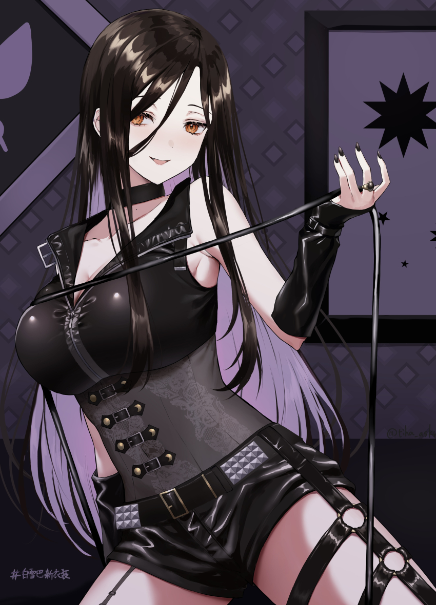1girl absurdres asymmetrical_legwear belt black_choker black_corset breasts brown_hair choker corset gradient_hair hair_over_one_eye highres holding holding_whip huge_breasts lace lace-trimmed_legwear lace_trim large_breasts long_hair looking_at_viewer mia_(fai1510) mole mole_on_neck multicolored_hair nijisanji open_mouth orange_eyes shirayuki_tomoe shirayuki_tomoe_(9th_costume) shorts smile smug solo thighhighs virtual_youtuber