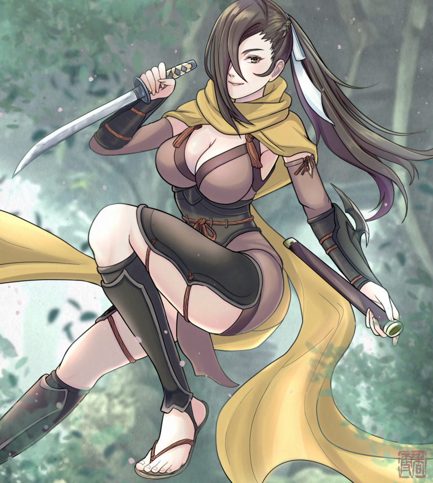 1girl absurdres breasts brown_eyes brown_hair cleavage commentary detached_sleeves fingernails fire_emblem fire_emblem_fates floating_hair grin hair_over_one_eye hair_ribbon highres holding holding_weapon japanese_clothes kagero_(fire_emblem) kousetu0506 large_breasts looking_at_viewer ninja nintendo one_eye_covered ponytail ribbon sandals scarf short_sword smile solo sword toenails toes weapon white_ribbon yellow_scarf
